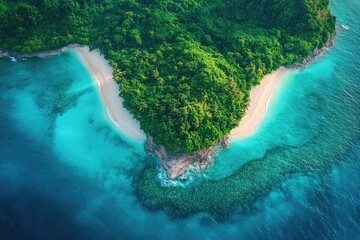 Wall Mural - aerial view of a small island surrounded by open ocean, with sandy beach and lush vegetation