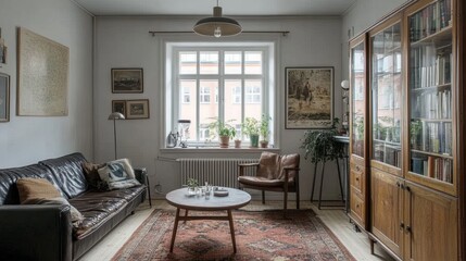 Canvas Print - Elegant Living Room with Leather Sofa and Antique Bookcase