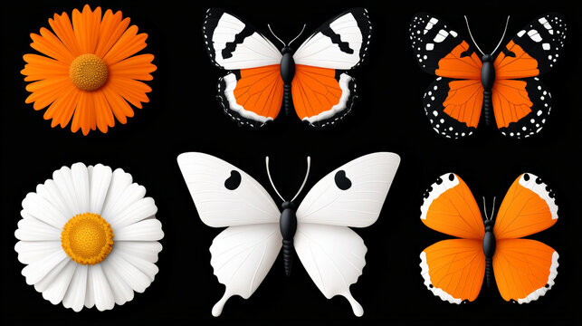 Butterflies and Blooms: A vibrant collection of 3D rendered butterflies and flowers, showcasing intricate details and a color palette of orange, white, and black. Perfect for nature, design.