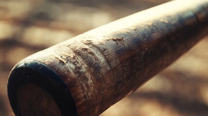 Wall Mural - A detailed view of a baseball bat’s handle with a focus on the grip texture and logo, outdoor setting with soft sunlight, Textured style