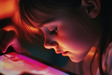 Poster - A young girl sitting with a tablet computer at night, perfect for illustrations or design concepts