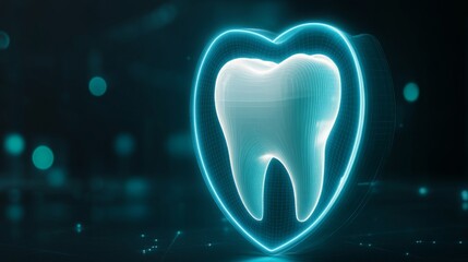 Poster - A glowing, digital representation of a tooth enclosed in a heart shape signifies the importance of dental health and protection. This artwork emphasizes advancements in dental technology and care.