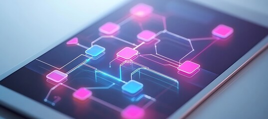 Poster -  A creative depiction of a business process flowchart on a digital tablet, with glowing lines connecting different steps