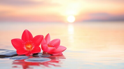 Poster - Embracing Tranquility With Vibrant Flowers at Sunset in Serene Waterscape