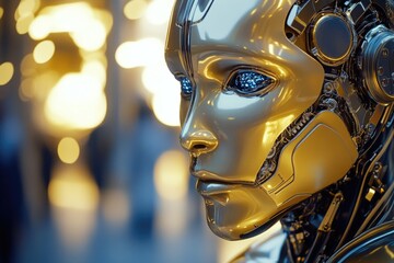 Poster - A close-up view of a robot's face wearing headphones, great for depicting technology or futuristic scenes