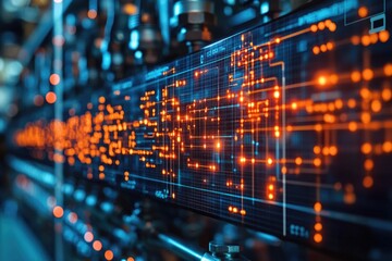 Poster - A close-up view of a computer screen with bright orange lights, suitable for use in technology or innovation-related contexts