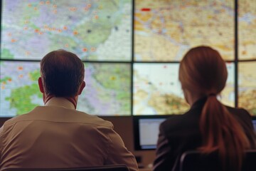Poster - A couple sitting in front of multiple computer monitors, likely working on a project or collaboration