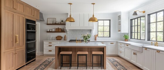 Canvas Print - Modern Kitchen Design With Oak Cabinets And Gold Accents