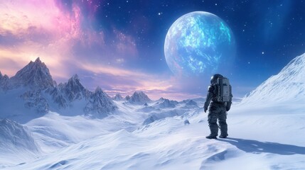 Poster - Exploring Distant Worlds Beneath Vibrant Skies on an Icy Planet