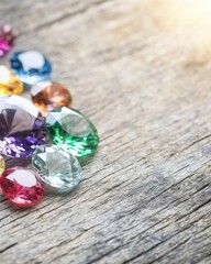 Poster - Colorful Array of Precious Stones on Rustic Wooden Surface Showcasing Their Brilliance