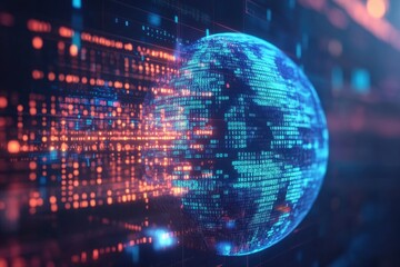 Poster - digital technology background with a globe and binary code, representing the global network of the i