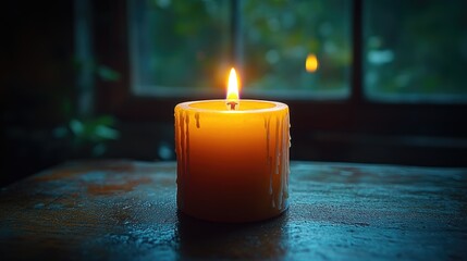 Sticker - A single lit candle sits on a table in front of a window, providing soft lighting