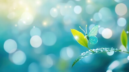 Aufkleber - Delicate Butterfly Perched Gracefully on a Glistening Leaf in a Serene Garden Setting
