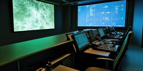 Poster - a modern control room with several computers and monitors