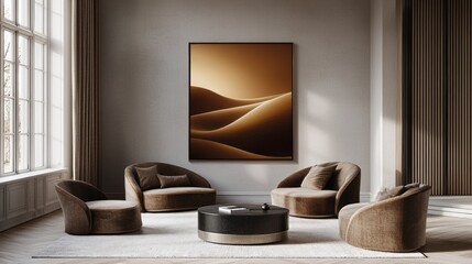 Poster - Soft hues envelop the cozy living room, where plush seating invites relaxation. Warm colors and minimalist decor create a serene space perfect for unwinding or socializing
