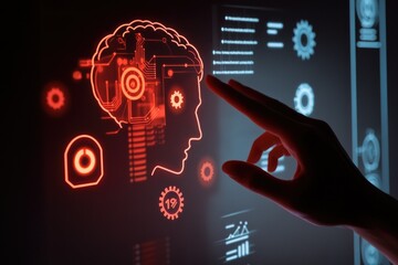Poster - A person looking at a glowing brain on a screen, perfect for technology and innovation concepts