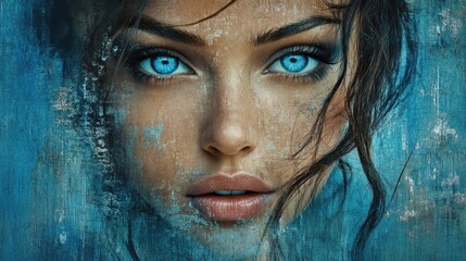 Wall Mural - Close-up portrait of a woman with striking blue eyes, partially obscured by a textured, blue background.