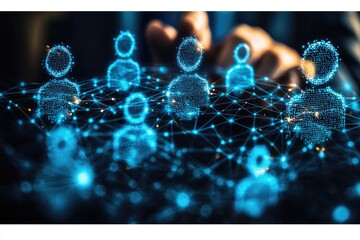 Poster - A person sits in front of a laptop, surrounded by a network of people, conveying the idea of connectivity and online interaction