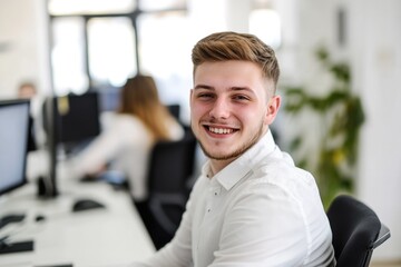 Poster - a person sitting at a desk with a computer, possibly working or studying