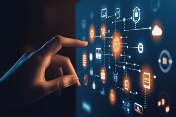 Poster - close-up of hands interacting with smartphone icons, modern technology concept