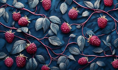 Wall Mural - Raspberry Branches Leaves Dark Background Artistic Design