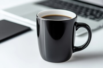 Poster - A minimalist desk features a sleek black coffee mug, a modern laptop, and a sophisticated smartphone, symbolizing a strong focus on personal goals and meticulous planning for future success