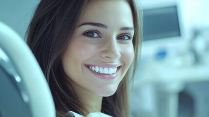 Poster - A patient smiles brightly while seated in a dental chair at a contemporary clinic. The clean and well-lit environment reflects a positive experience during a routine dental checkup.