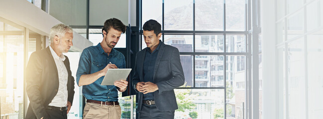 Poster - Experts, tablet and business people in office, teamwork and conversation with planning for project. Trading, financial consultant and employees with internet, tech or connection with taxes or economy