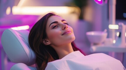 Poster - In a contemporary dental clinic, a patient relaxes in a chair with gentle lighting. The environment is calming, emphasizing comfort during dental procedures.