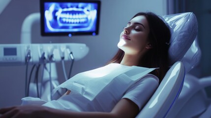Poster - A patient reclines comfortably in a dental chair while undergoing treatment in a contemporary clinic. The room is dimly lit, with a monitor displaying dental images for the dentist's reference.