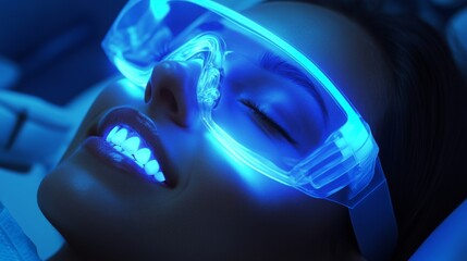 Poster - A patient relaxes in a dental chair while undergoing a modern laser treatment for teeth whitening. Blue light illuminates the area, showcasing the safe, effective dental procedure in progress.