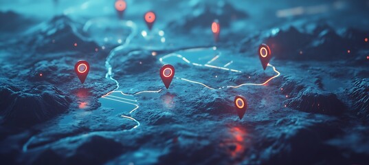 Poster -  A creative depiction of a business strategy road map with digital markers and icons 