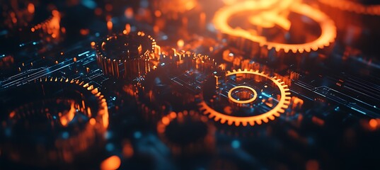 Poster -  A creative image of a business ecosystem represented by glowing gears and cogs interconnected