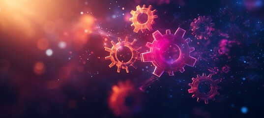 Poster -  creative image of a business ecosystem represented by glowing gears and cogs interconnected, set against a digital background