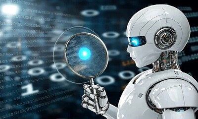 Poster - A humanoid robot is examining digital data through a magnifying glass in a modern technology setting filled with binary code