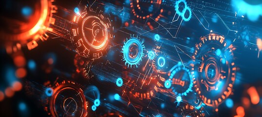 Poster -  creative image of a business ecosystem represented by glowing gears and cogs interconnected, set against a digital background
