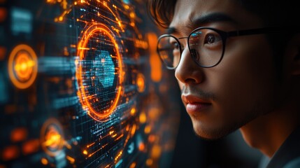 Poster - A person wearing glasses is focused on a digital display