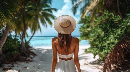 Wall Mural - Young woman with straw hat walking on a white sand beach towards a beautiful turquoise sea surrounded by lush green vegetation enjoying summer vacation