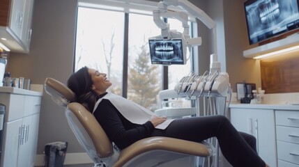 Fototapete - A patient relaxes in a dental chair with a smile as advanced imaging displays dental X-rays on screens nearby. The clean, modern surroundings create an inviting atmosphere for dental care.