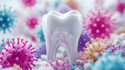 Poster - A detailed view showcases a tooth surrounded by colorful representations of bacteria and viruses.