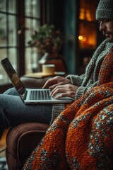 Poster - a person sitting on a couch with a laptop open, possibly working or browsing