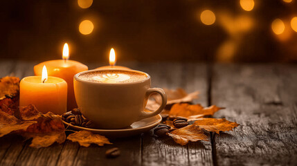 Canvas Print - A minimalistic composition featuring a coffee cup, lit candles, and autumn leaves on a wooden surface