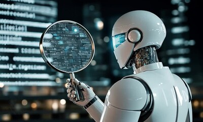 Poster - A humanoid robot analyzes complex data patterns using a magnifying glass in a vibrant urban landscape