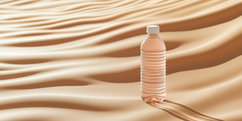 Wall Mural - A minimalist abstract background featuring a water bottle on a smooth beige surface with soft waves