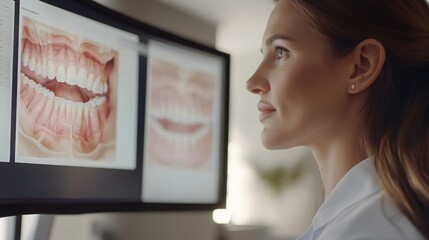 Poster - A dental professional focuses intently on digital displays showing detailed images of patient teeth and gums.