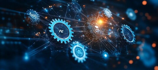 Poster - An abstract graphic showing interconnected gears and business icons