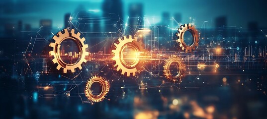 Poster - An abstract graphic showing interconnected gears and business icons