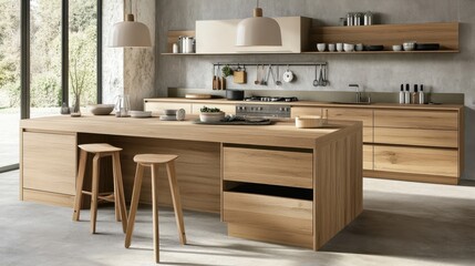 Canvas Print - Modern Minimalist Oak Wood Kitchen Island Design