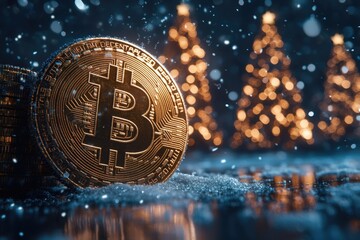 Poster - Golden bitcoin standing in the snow with christmas trees in the background during a snowfall