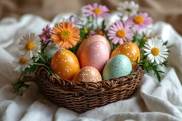 Wall Mural - Colorful easter eggs and spring flowers creating a festive centerpiece in a wicker basket